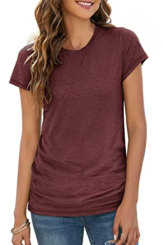 BDTECAOR Longshirt Damen Kurzarm Lässige Oberteile Sommer Rundhals T-Shirt Tops Weinrot M von BDTECAOR