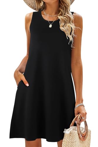 BDTECAOR Baumwollkleider für Damen Lässiger Sommer mit Taschen Knielanges Tankkleid Ärmellose Strandkleid Schwarze L von BDTECAOR