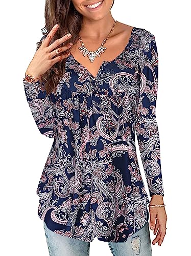 BDTECAOR Bluse Damen Langarm Baumwolle Lässige Oberteile V Ausschnitt Leicht Shirt Knopfleiste Tuniken B-Paisley Marine M von BDTECAOR