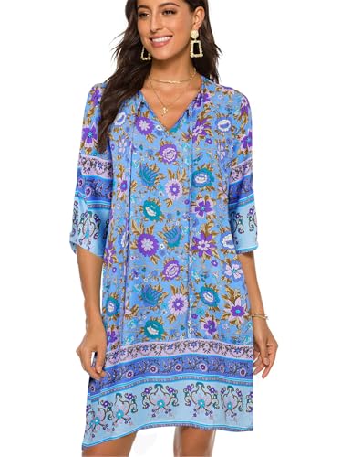 BDTECAOR Bohème Kleider Damen Sommer Casual Floral gedruckt Boho Tunika Kleid Sommerkleid Peri XXL von BDTECAOR