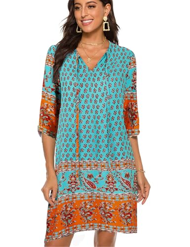 BDTECAOR Bohemian Blumen Rotes Kleid Ethnic Style Tunika Boho Kleider Sommer Kurz mit Krawatte Neo Mint M von BDTECAOR