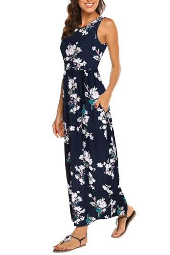 BDTECAOR Boho Kleid Damen Blumen Lang Maxikleid mit Tasche Lässige Ärmellose Strand Kleid F11 M von BDTECAOR