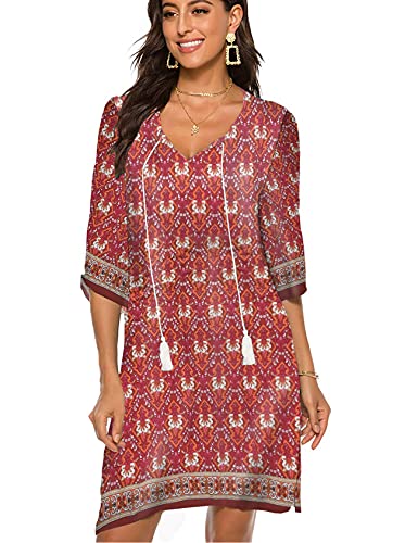 BDTECAOR Boho Kleid mit Blumenmuster Krawatte V-Ausschnitt Kurzarm Strand Coverup Kleid Litschi Rot XXL von BDTECAOR