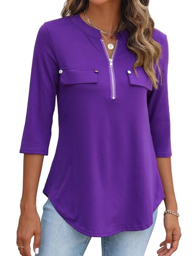 BDTECAOR Business Kleidung Damen Elegant 3/4 Ärmel Bluse Lockere V Ausschnitt Oberteile Shirts Lila M von BDTECAOR
