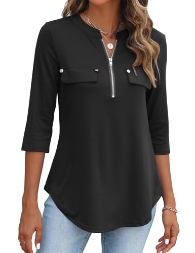 BDTECAOR 3/4 Ärmel Shirt Damen Locker V Ausschnitt Business Bluse Lässig Sommerkleidung Schwarz 3XL von BDTECAOR