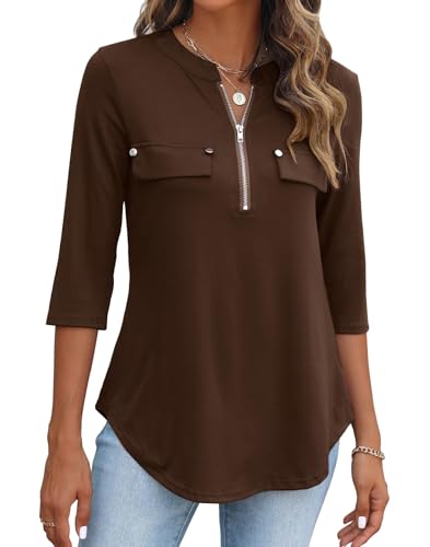 BDTECAOR Damen 3/4 Ärmel Oberteile Lockere V Ausschnitt Bluse Lässige Poloshirts Dreiviertelarm Tunika Braun XXL von BDTECAOR