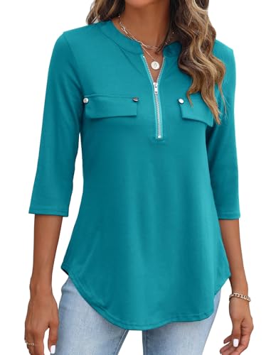 BDTECAOR Bluse Damen Elegant 3/4 Arm Oberteile Lockere V Ausschnitt Shirt Lässig Business Tunika Blaugrün XXL von BDTECAOR
