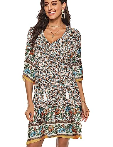 BDTECAOR Damen Bohemian Krawatte Vintage Printed Ethnic Style Sommer Shift Kleid Aprikose XXL von BDTECAOR