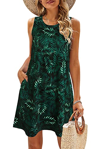 BDTECAOR Damen Boho Sommerkleid Ärmellos Lässig Locker Swing Tankkleider mit Tasche Blattgrün M von BDTECAOR