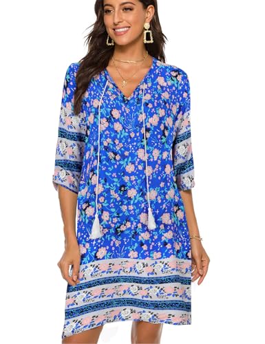 BDTECAOR Damen Casual Blumenmuster Krawattenhals Kurzarm Sommer Tunika Kleid Mini Boho Kleid Hellblau XL von BDTECAOR