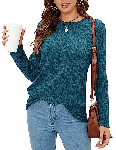 BDTECAOR Damen Casual Sweatshirt Gerippter Flausch Leichte Rundhals Langarm Blusen Pfauenblau L von BDTECAOR