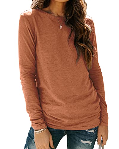 BDTECAOR Rundhals Damen Oberteile Langarm Bluse Herbst Baumwoll Tshirts Locker Tops Orange XXL von BDTECAOR