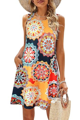 BDTECAOR Damen Lässiges Ärmelloses Blumendruck Sommer Strand Swing Kleid mit Tasche Dunkelblau,S von BDTECAOR