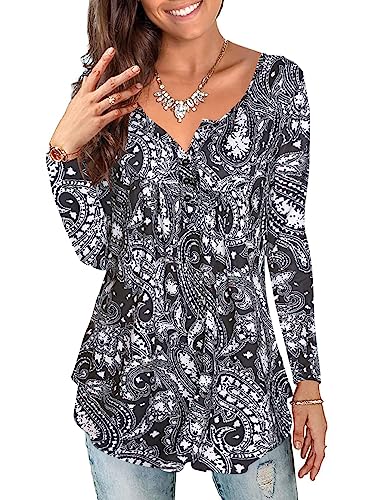 BDTECAOR Damen Longshirt Lässig Einfarbig V Ausschnit Oberteile Herbst Langarm Tuniken B-Mehrfarbig Schwarz XL von BDTECAOR