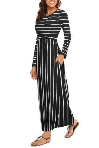 BDTECAOR Damen Maxikleid Casual Langarm Elegant Festliche Kleider Mit Taschen Z-Gestreifte Schwarz L von BDTECAOR