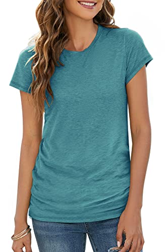 BDTECAOR Shirt Damen Kurzarm Longshirt Baumwolle Oberteil Sommer Causal Shirt Blau Grün L von BDTECAOR