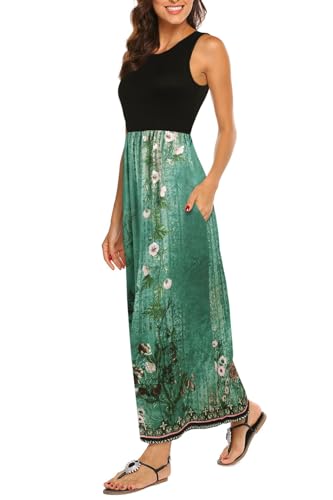 BDTECAOR Damen Sommer Ärmellose Rundhals Locker Maxikleid Hohe Taille Boho Kleid mit Taschen Retro grüne Blumen S von BDTECAOR