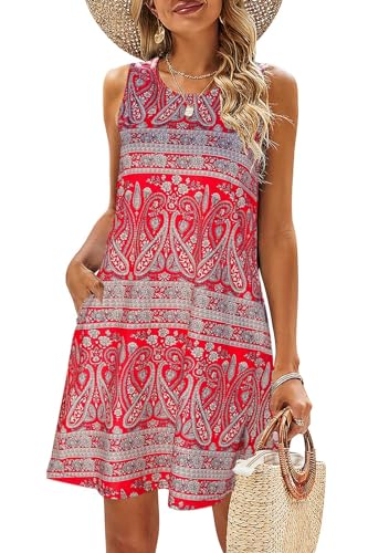 BDTECAOR Damen Sommer Ärmelloses Bohemian Print Tunika Swing Lockeres Taschen T-Shirt Kleid 03 Rot Bedruckt S von BDTECAOR