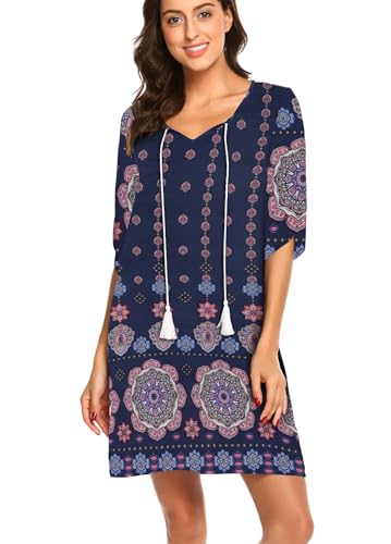 BDTECAOR Damen Sommer Boho Kleid Kurzer V-Ausschnitt Locker Lässig Blumen Bedruckt 3/4 Ärmel Strandkleider Navy blau XXL von BDTECAOR