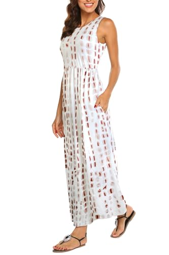 BDTECAOR Damen Sommer Casual Flowy Taschen Loose Beach Stripe Maxikleid Kaffee XXL von BDTECAOR