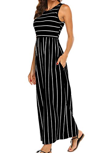 BDTECAOR Damen Sommer Casual Kleider Ärmellos Gestreiftes Langes Strand Maxi Kleid mit Taschen Schwarz S von BDTECAOR