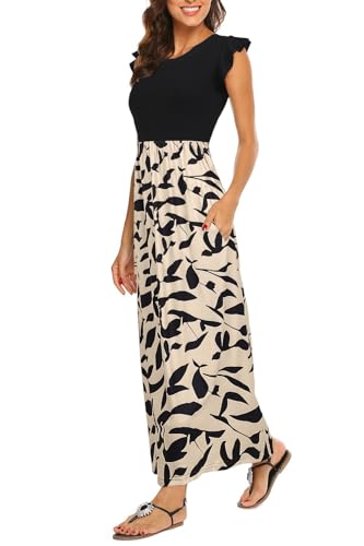 BDTECAOR Damen Sommer Casual Lose Ärmelloses Kleid Strand Cover Up Lange Maxikleider Blume Beige L von BDTECAOR