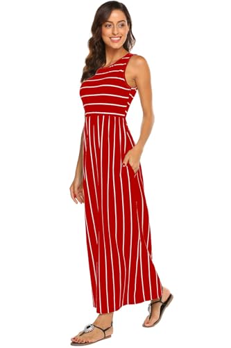 BDTECAOR Damen Sommer Maxi Strandkleid Ärmellos Tank T Shirt Kleid Lange mit Taschen Rot L von BDTECAOR
