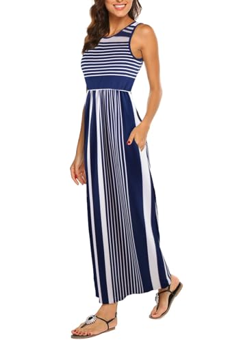 BDTECAOR Damen Sommer Strand Cover Up Kleider Ärmelloses Bohokleid Marineweiß M von BDTECAOR