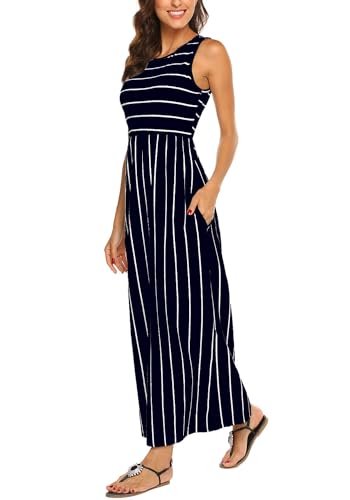 BDTECAOR Damen Sommer Streifen Elastische Taille Lockere Strand Maxikleid Dunkelblau S von BDTECAOR