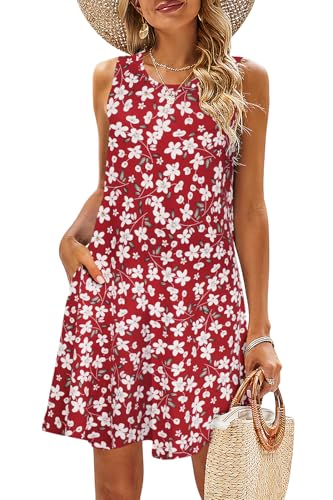 BDTECAOR Damen Sommerkleid Ärmellose Boho Swing Kleider Strand Tunika Kleider Rot S von BDTECAOR