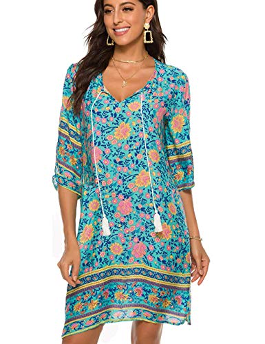BDTECAOR Damen Sommerkleider Casual 3/4 Ärmel Lockere Floral Strand Boho Kleid Grüne Blumen XXL von BDTECAOR