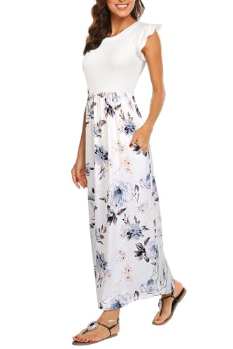 BDTECAOR Damen Sommerkleider Kleidung Frauen Sommer Casual Urlaub Langes Maxikleid mit Taschen Blume Weiß L von BDTECAOR