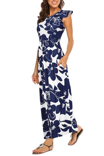 BDTECAOR Damen Sommerkleider Lässig ärmellos Lange Maxisonntagskleider mit Taschen Blume Dunkelblaue L von BDTECAOR