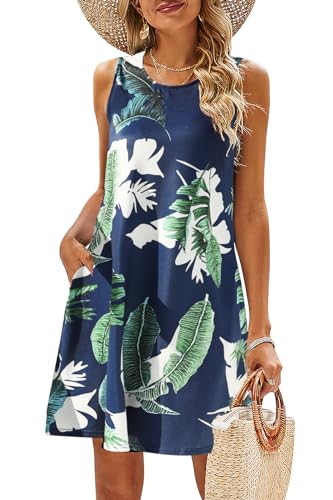 BDTECAOR Damen Strandkleid Lässig Kurz Ärmellos T-Shirt Kleid Sommerkleider mit Taschen Tropisches Blatt XL von BDTECAOR