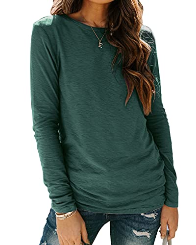 BDTECAOR Damen T-Shirts Basic O-Ausschnitt Langarm Oberteile Einfarbige Underscrub T-Shirts Dunkelgrün,L von BDTECAOR