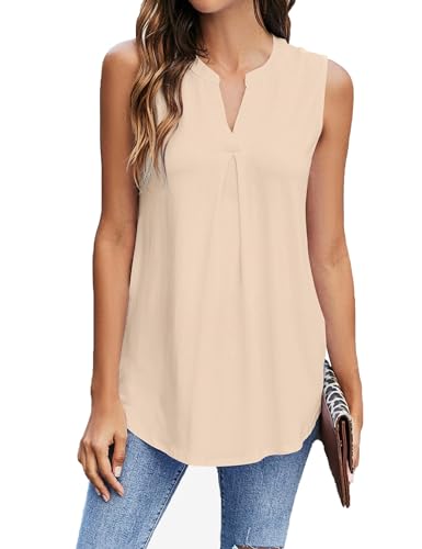 BDTECAOR Damen Sommer Tops Dressy Casual Lockere Tank Top Plissierter V-Ausschnitt Ärmellos Blouse Shirts Beige M von BDTECAOR