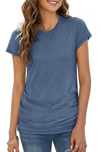 BDTECAOR T Shirt Damen Kurzarm Rundhals Obertiele Solide Tunika Basic Longshirt Grau Blau XL von BDTECAOR