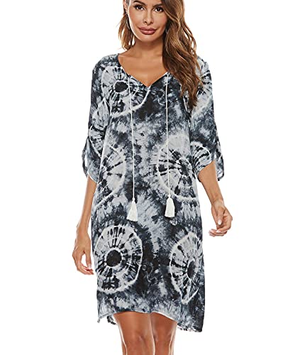 BDTECAOR Damen Vintage Ethnic Style Gedruckt V-Ausschnitt Böhmischen Tunika Kleid Tie dye L von BDTECAOR