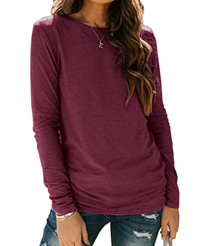 BDTECAOR Tshirt Damen Langarm Baumwolle Shirt Rundhals Oberteile Lässig Tops Lila XL von BDTECAOR