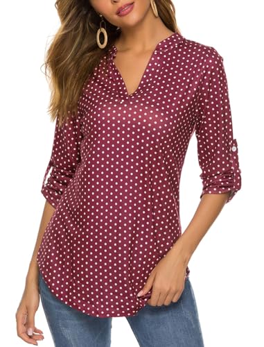 BDTECAOR Festliche Blusen & Tuniken Für Damen Große Größen V Ausschnitt 3/4 Arm Shirts Oberteile Weinrot 2 XL von BDTECAOR
