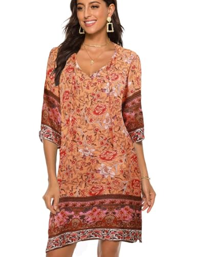 BDTECAOR Frauen V-Ausschnitt Boho 3/4 Ärmel Casual Beachwear Coverups Kleid Sommerkleid Gelb XL von BDTECAOR