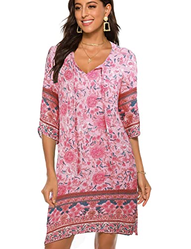 BDTECAOR Hawaii Kleid Damen Kurz Bohemian 3/4 Blatthülse Strandvertuschung Rosa XXL von BDTECAOR