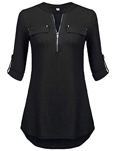 BDTECAOR Herbst Oberteile Damen Langarm V-Ausschnitt Business Bluse Figurschmeichelnd Hemden Shirts 1_Schwarz XXL von BDTECAOR