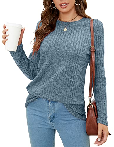 BDTECAOR Herbst Pullover Sweater Damen Lightweight Rundhals Business Lässige Lange Oberteile für Leggings Blau XXL von BDTECAOR