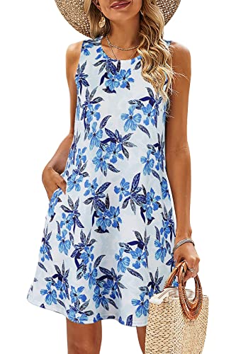 BDTECAOR Kleider Damen Sommer Knielang Blumenkleid Freizeit Vacation Strandkleid Blau S von BDTECAOR