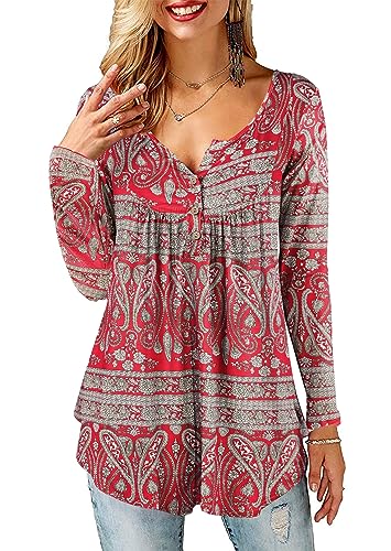 BDTECAOR Longshirt Damen Elegant Große Größen Bluse V Ausschnitt Langarm Lockere Tunika Shirts B-Rot XL von BDTECAOR