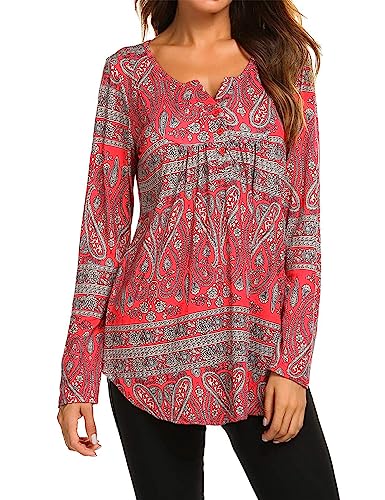 BDTECAOR Longshirt Damen Elegant Große Größen Bluse V Ausschnitt Langarm Lockere Tunika Shirts B-Rot XL von BDTECAOR
