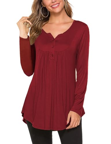BDTECAOR Longshirt Damen Langarm Baumwolle Lässig Oberteile Lockere V Ausschnitt Bluse Tops A-Weinrot M von BDTECAOR