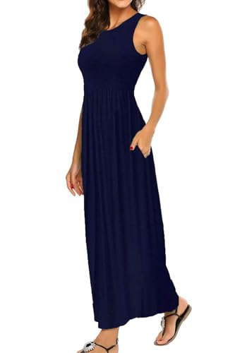 BDTECAOR Maxikleid Damen Sommer Boho Ärmellos Strandkleider Lockere Lange Partykleid Dunkelblau L von BDTECAOR