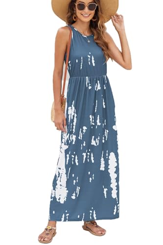 BDTECAOR Maxikleid für Frauen Sommer Strand Boho Maxi Blumenkleid Blau Weiss L von BDTECAOR